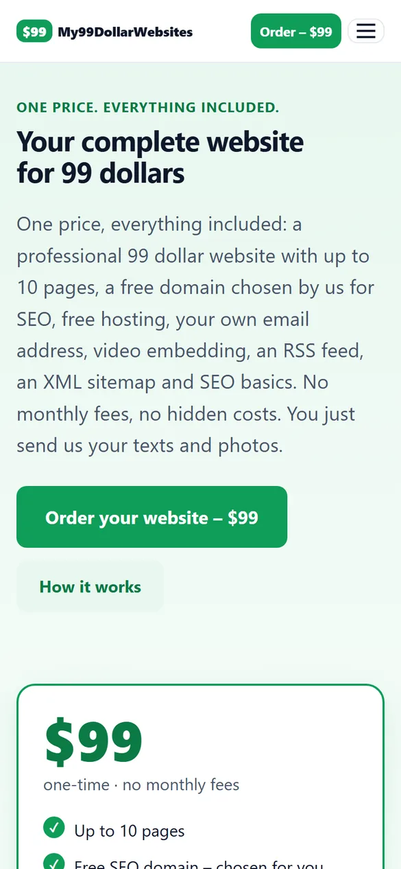 Mobile screenshot of my99dollarwebsites.com – Home page: the offer at a glance, big order button