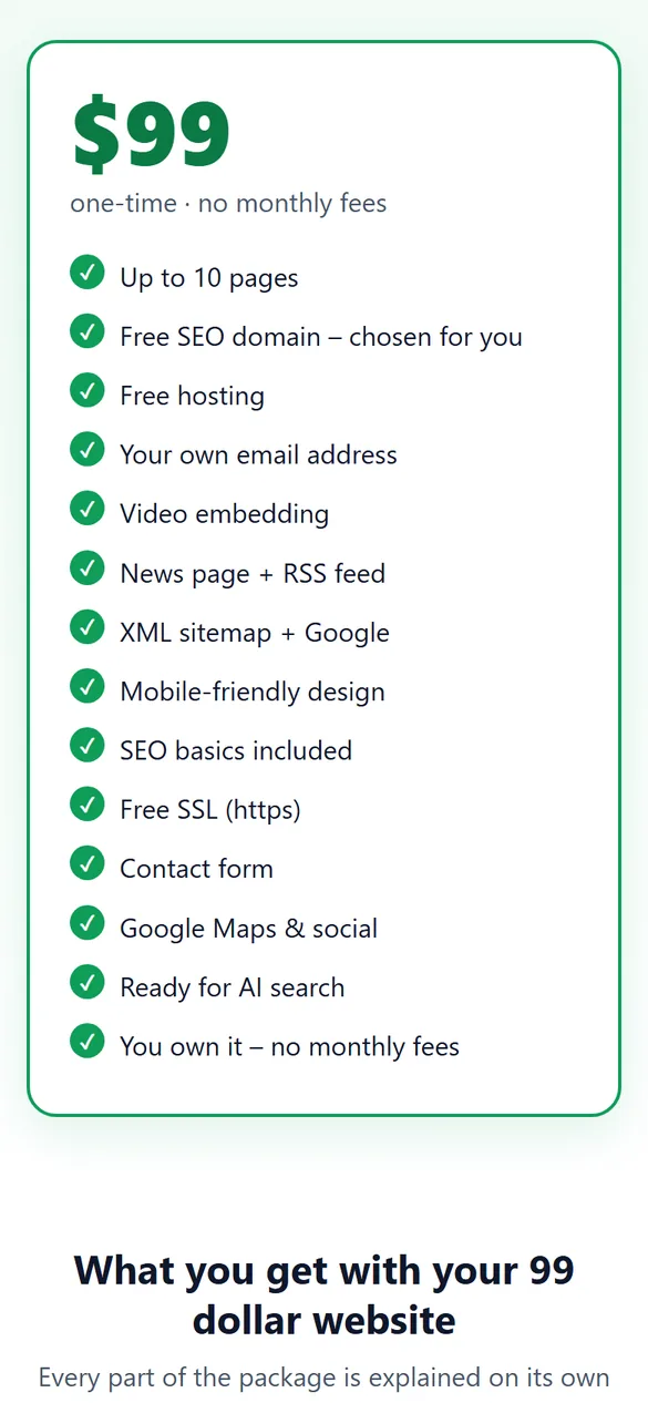 Mobile screenshot of my99dollarwebsites.com – Price box: everything included, easy to read