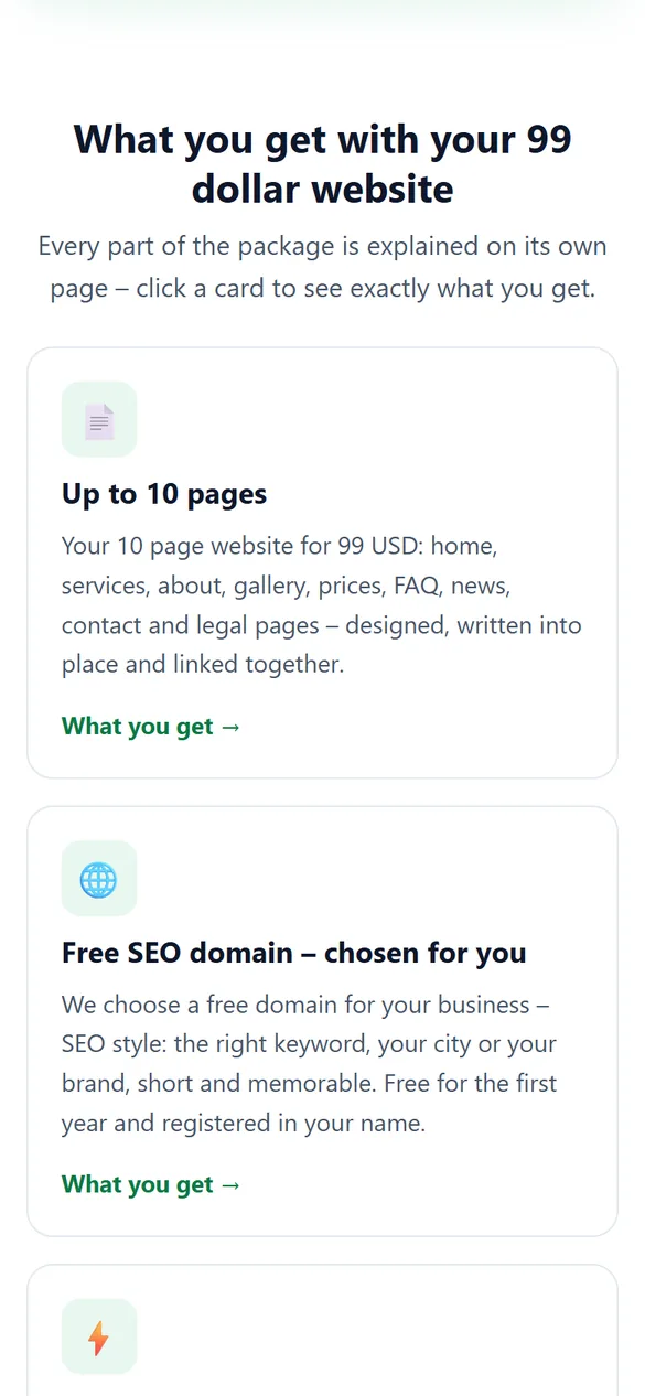 Mobile screenshot of my99dollarwebsites.com – Feature cards: one tap to each detail page