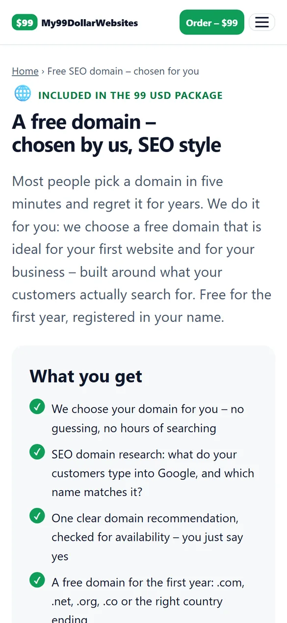Mobile screenshot of my99dollarwebsites.com – Free domain, chosen by us SEO style