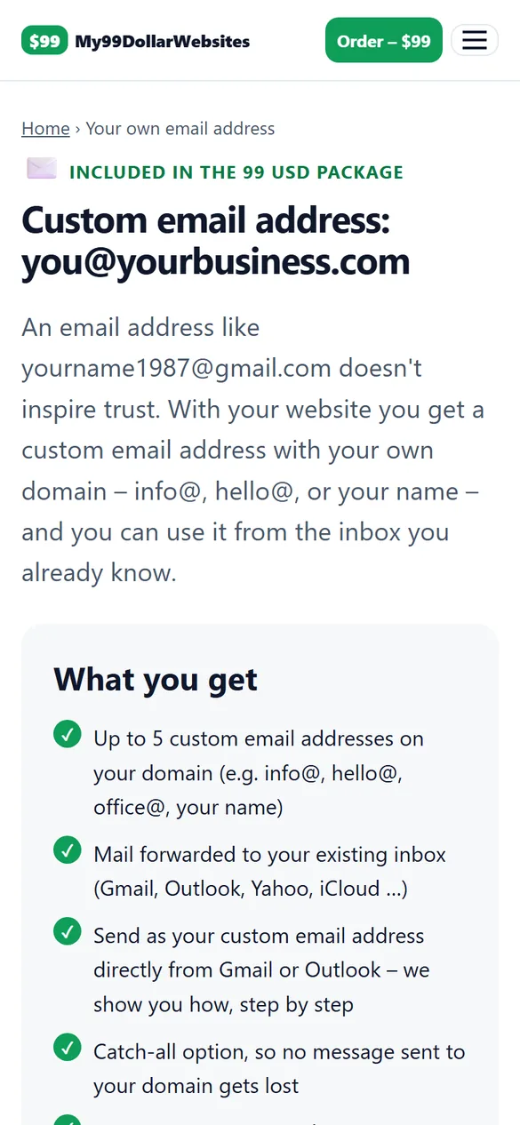 Mobile screenshot of my99dollarwebsites.com – Your own email address explained