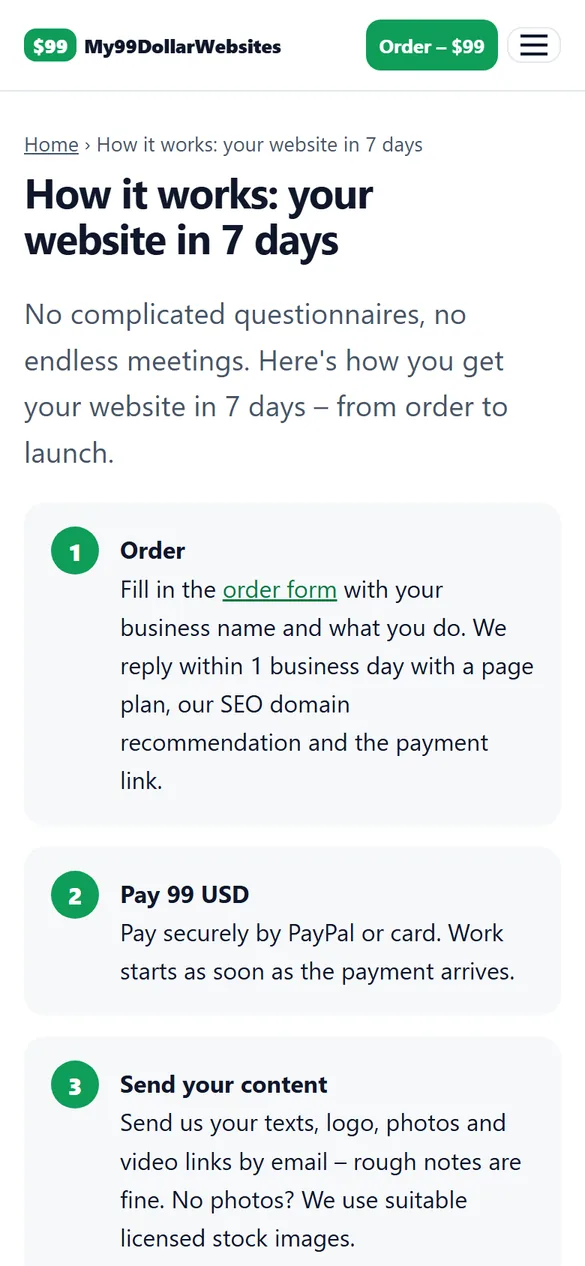Mobile screenshot of my99dollarwebsites.com – Step-by-step process, one thumb to scroll