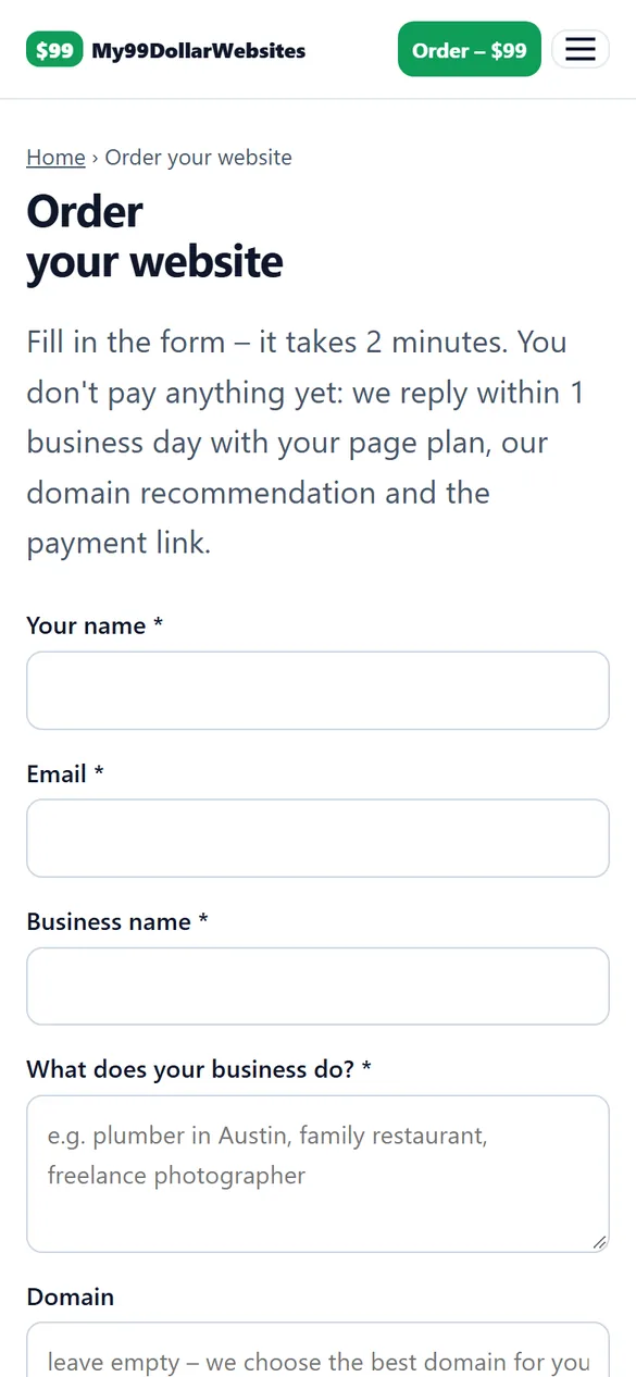 Mobile screenshot of my99dollarwebsites.com – Order form with large fields for phones